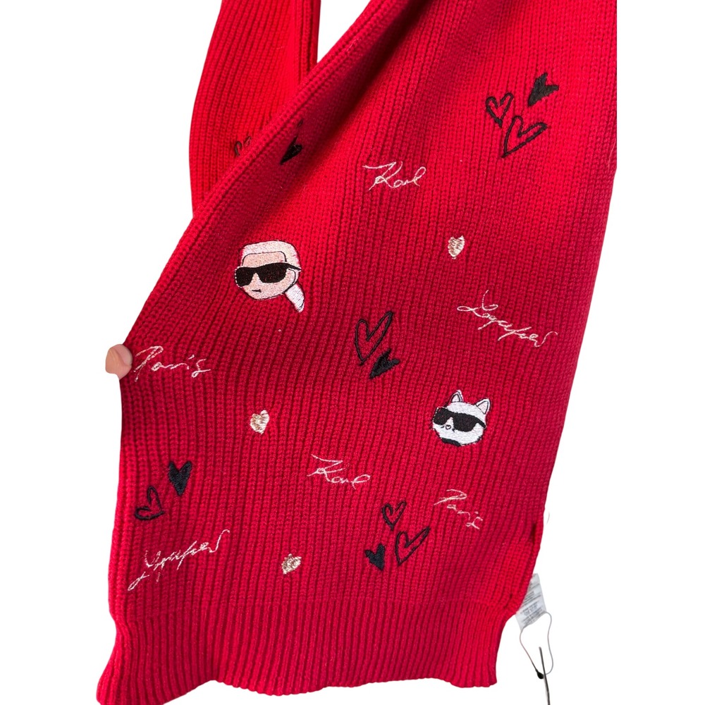 NEW Karl Lagerfeld Paris Scarf Red Novelty Embroidered Knit Ribbed L5KS8131 - Picture 4 of 7
